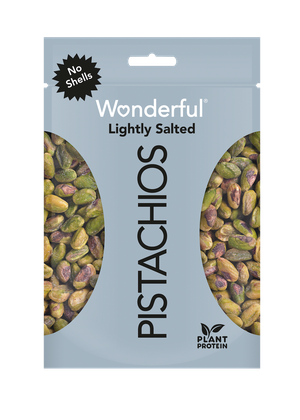 Gray package of no shell lightly salted Wonderful Pistachios