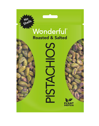 Green package of no shell roasted and salted Wonderful Pistachios