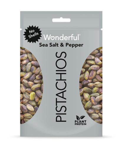 Gray package of no shell sea salt and pepper Wonderful Pistachios