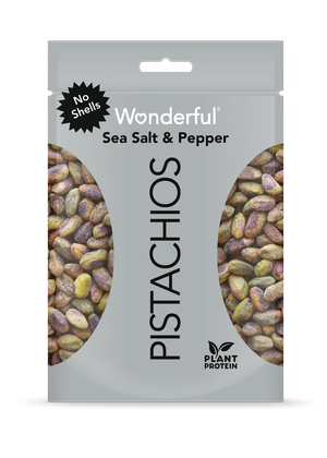 Gray package of no shell sea salt and pepper Wonderful Pistachios